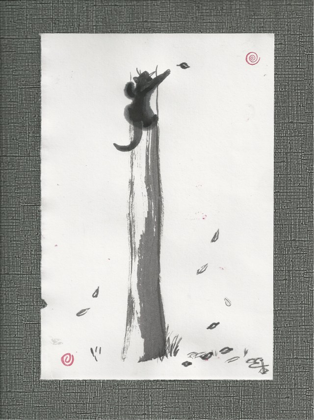 black cat climbs tree