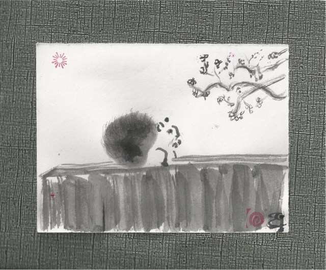 squirrel on fence w cherry blossoms