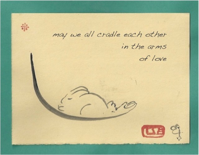 cradling bunny in arm