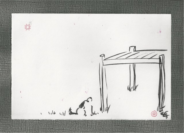 puppy looking at tree house