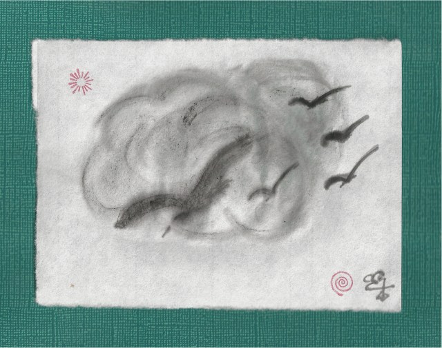 birds flying out of cloud