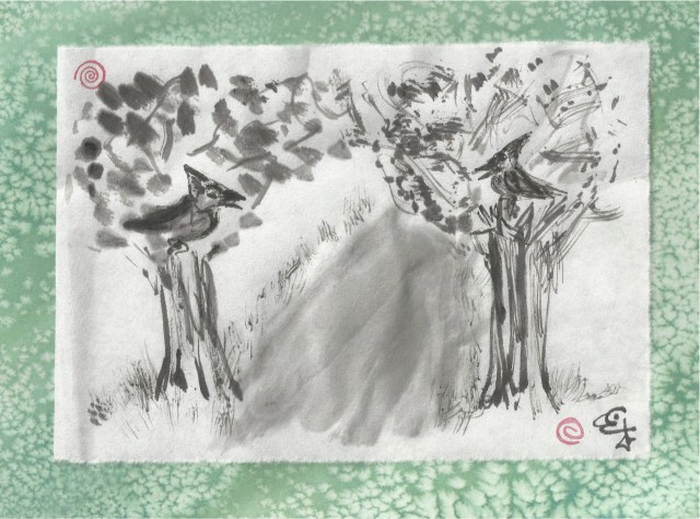 cardinal & jay on trees beside path