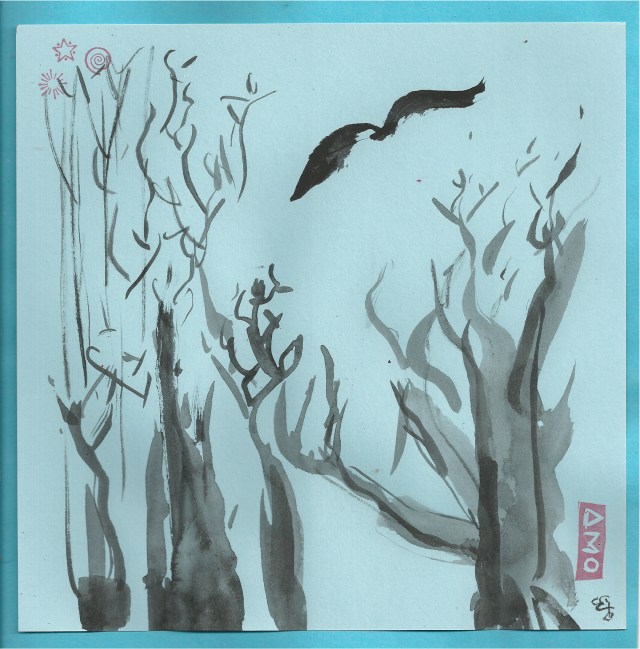 bird in blue trees in the winter