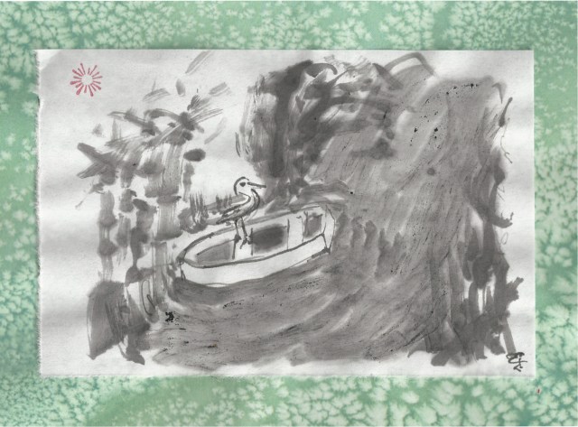 egret on boat in creek 2