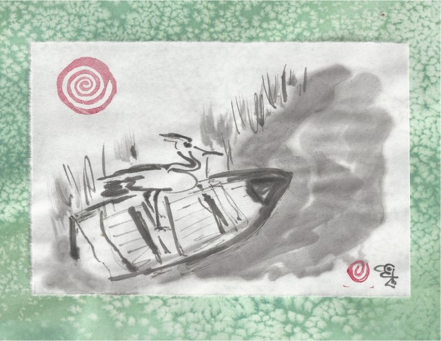 egret on boat in creek