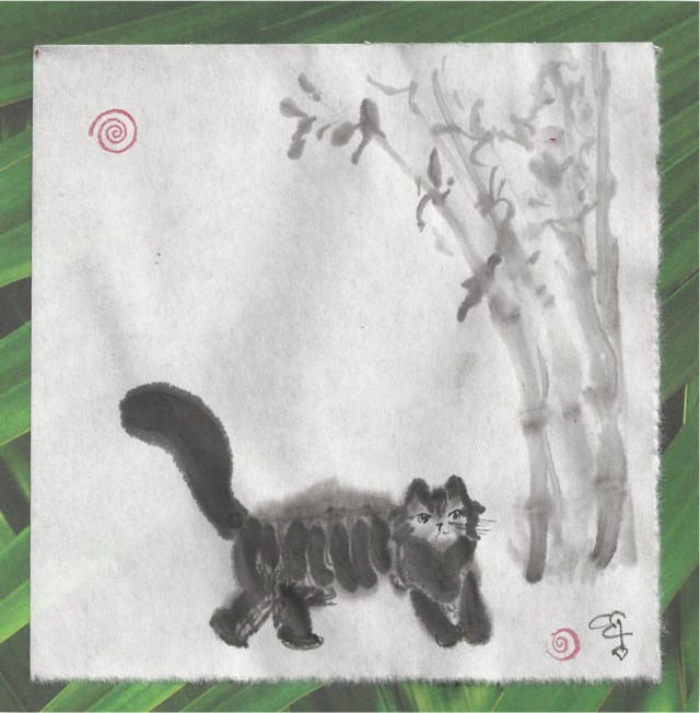 fat cat under bamboo