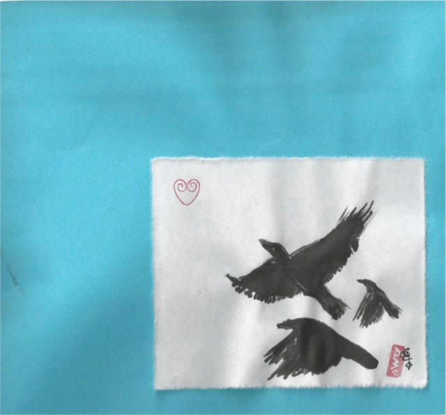 three crows soar skyward