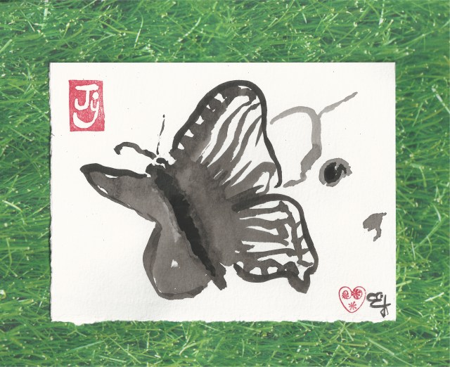 pim and butterfly on grass