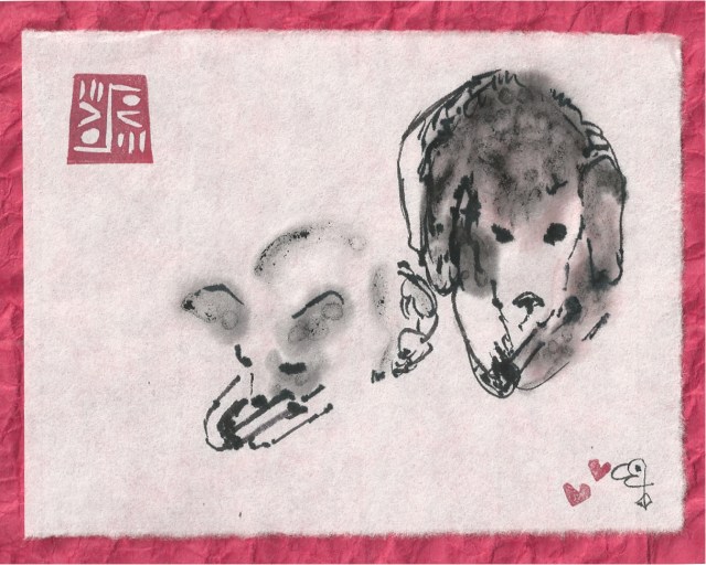 two dogs chewing bones