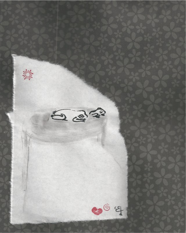 two small frogs on tree stump