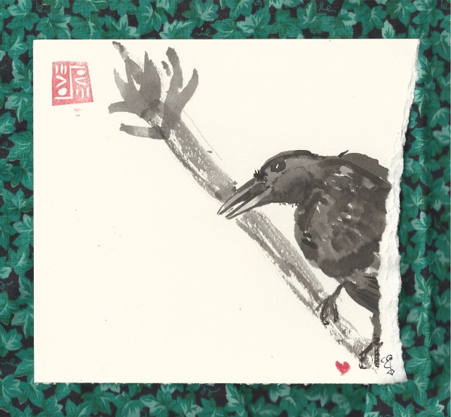 crow in tree open beak