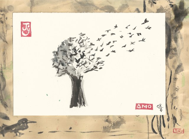 small birds flock into tree