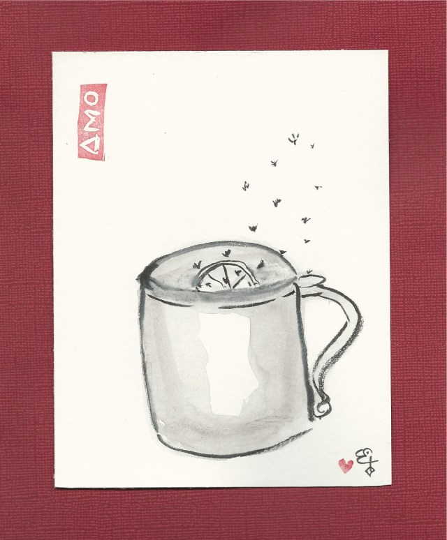 fruit flies on lemon in mug