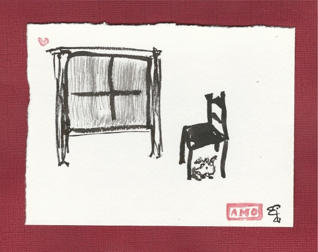 pim under a chair inside in a rainy day