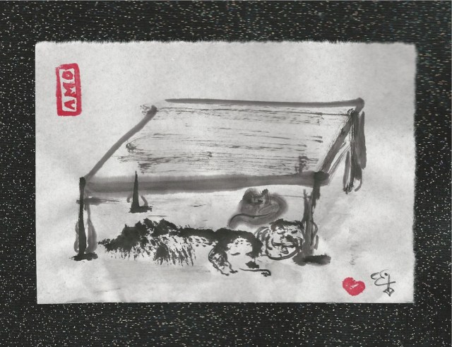 two dogs and a cat under tabe